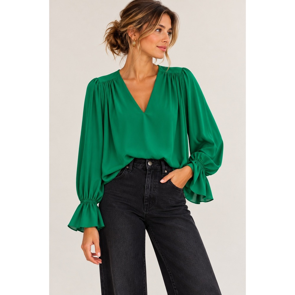 Amanda Uprichard Kelly Green V-Neck Puff Sleeve Ruffle Cuff Blouse Medium